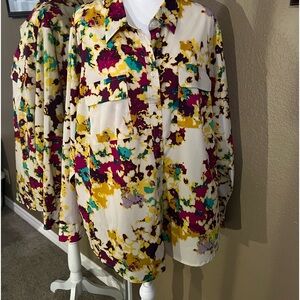 Apt 9 Women’s Top Blouse Button Down Collared Long Sleeve Beige Maroon Size 3X